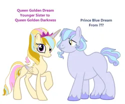 Size: 980x815 | Tagged: safe, artist:frostcorpsclub, artist:masami-rose-sav, derpibooru import, prince blue dream (g4), princess golden dream (g4), alicorn, earth pony, pony, base used, colored wings, crown, duo, duo male and female, female, gradient wings, headcanon, image, jewelry, jpeg, male, mare, missing cutie mark, regalia, simple background, stallion, unshorn fetlocks, white background, wings