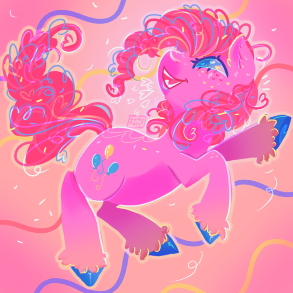 Size: 2224x2224 | Tagged: safe, artist:funky_furs, artist:funkyfurs, derpibooru import, pinkie pie, earth pony, pony, g4, confetti, heart, image, open mouth, open smile, pink background, png, signature, simple background, smiling, solo, tail, unshorn fetlocks