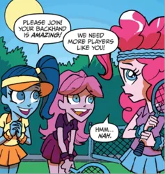 Size: 526x554 | Tagged: safe, derpibooru import, idw, pinkie pie, unnamed character, human, equestria girls, spoiler:comic, spoiler:comicannual2013, background human, clothes, female, image, png, skirt, tennis racket, unnamed human