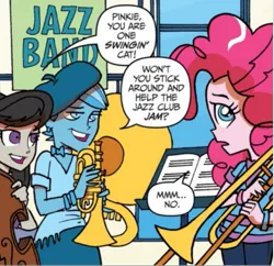 Size: 573x554 | Tagged: safe, derpibooru import, idw, octavia melody, pinkie pie, unnamed character, human, equestria girls, spoiler:comic, spoiler:comicannual2013, background human, clothes, female, image, png, trombone, unnamed human