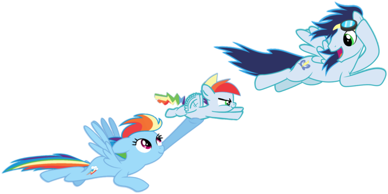 Size: 3500x1754 | Tagged: safe, derpibooru import, rainbow dash, soarin', oc, oc:rainbow blitz, pegasus, pony, colt, female, flying, foal, image, male, mare, offspring, parent:rainbow dash, parent:soarin', parents:soarindash, png, shipping, simple background, soarindash, stallion, straight, transparent background