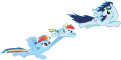 Size: 3500x1754 | Tagged: safe, derpibooru import, rainbow dash, soarin', oc, oc:rainbow blitz, pegasus, pony, colt, female, flying, foal, image, male, mare, offspring, parent:rainbow dash, parent:soarin', parents:soarindash, png, shipping, simple background, soarindash, stallion, straight, transparent background