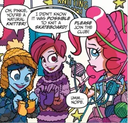 Size: 573x554 | Tagged: safe, derpibooru import, idw, pinkie pie, unnamed character, human, equestria girls, spoiler:comic, spoiler:comicannual2013, background human, cap, clothes, female, hat, image, knitting, knitting needles, png, sweater, unnamed human