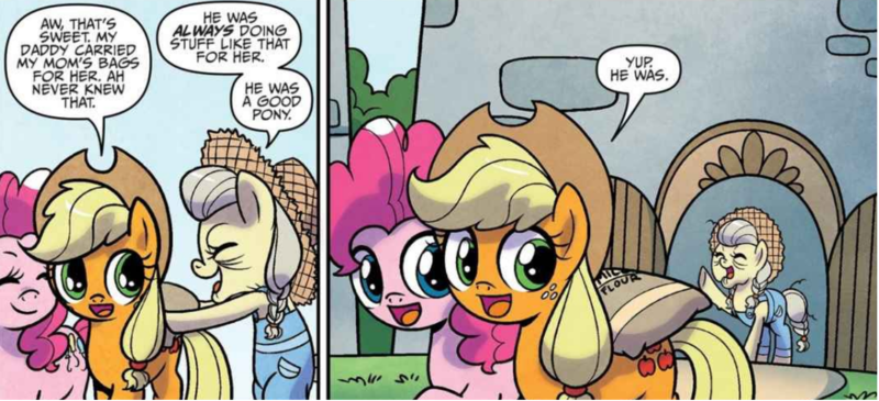Size: 1414x645 | Tagged: safe, artist:agnesgarbowska, derpibooru import, idw, applejack, pinkie pie, unnamed character, unnamed pony, earth pony, pony, spoiler:comic, spoiler:comic72, clothes, comic, cropped, elderly, female, hat, image, mare, overalls, png, trio