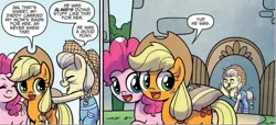 Size: 1414x645 | Tagged: safe, artist:agnesgarbowska, derpibooru import, idw, applejack, pinkie pie, unnamed character, unnamed pony, earth pony, pony, spoiler:comic, spoiler:comic72, clothes, comic, cropped, elderly, female, hat, image, mare, overalls, png, trio