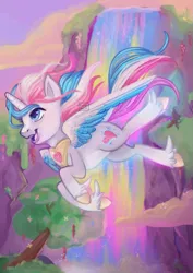 Size: 595x842 | Tagged: safe, artist:funky_furs, derpibooru import, star catcher, alicorn, pony, g3, g5, 2021, alicornified, cloud, female, flying, g3 to g5, generation leap, horn, image, mare, open mouth, open smile, outdoors, peytral, png, race swap, redesign, signature, smiling, solo, spread wings, tail, tree, unshorn fetlocks, water, waterfall, wind, windswept mane, wings