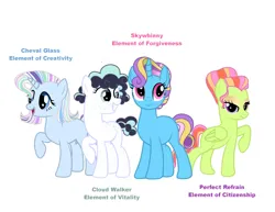 Size: 1018x785 | Tagged: safe, artist:emeraldjeweltm, artist:frostcorpsclub, derpibooru import, oc, oc:cheval glass, oc:cloud walker, oc:perfect refrain, oc:skywhinny, unofficial characters only, earth pony, pegasus, pony, unicorn, base used, curly hair, earth pony oc, element of citizenship, element of creativity, element of forgiveness, element of vitality, eyeshadow, female, headcanon, horn, image, jpeg, makeup, mane four, mare, pegasus oc, simple background, unicorn oc, white background, wings