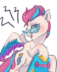 Size: 744x929 | Tagged: safe, artist:funky_furs, derpibooru import, zipp storm, pegasus, pony, g5, blushing, colored wings, female, glasses, image, lidded eyes, looking at you, mare, multicolored wings, open mouth, open smile, png, simple background, skateboard, sketch, smiling, solo, spread wings, sunglasses, tail, unshorn fetlocks, white background, wings