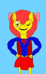 Size: 1200x1936 | Tagged: safe, artist:lekonar13, derpibooru import, apple bloom, anthro, earth pony, apple bloom's bow, blue background, bow, cape, clothes, dc comics, hair bow, image, jpeg, one eye closed, simple background, solo, superfilly, supergirl, wink
