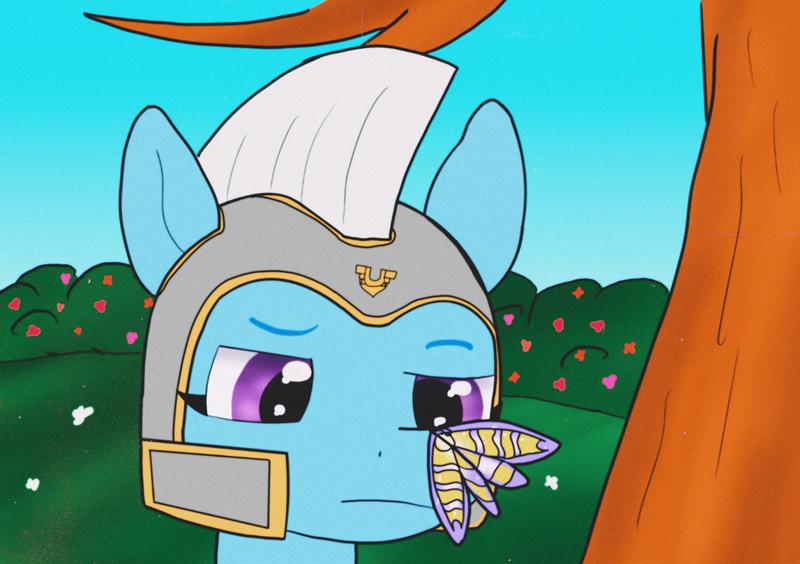 Size: 2480x1748 | Tagged: safe, alternate version, artist:php176, derpibooru import, butterfly, insect, pegasus, pony, g5, bush, bust, confused, derpibooru exclusive, eyebrows, female, filter, flower, guardsmare, helmet, image, jpeg, looking at something, mare, pegasus royal guard, royal guard, solo, tree, zoom zephyrwing