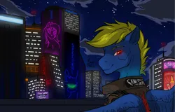 Size: 1687x1080 | Tagged: safe, artist:monolith_skyline, derpibooru import, oc, oc:cobalt thunder, unofficial characters only, pegasus, pony, background, city, clothes, cyberpunk, cyberpunk 2077, image, looking at camera, looking at you, looking back, male, night, night city, pegasus oc, png, red eyes, smiling, smiling at you, solo, spread wings, stallion, starry night, stars, wings