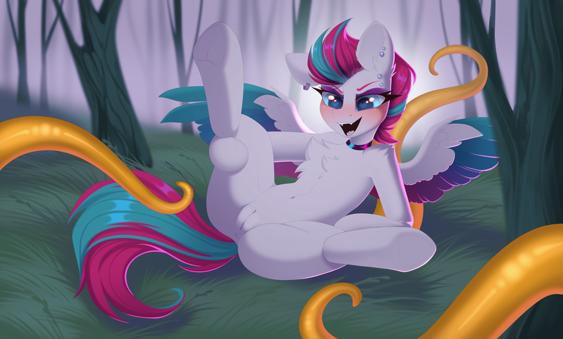 Size: 4096x2469 | Tagged: explicit, artist:kebchach, ponerpics import, zipp storm, pony, g5, anus, blushing, chest fluff, ear piercing, female, human vagina on pony, image, imminent sex, imminent tentacle sex, mare, nudity, open mouth, outdoors, piercing, png, spread legs, spread wings, spreading, tentacles, wings