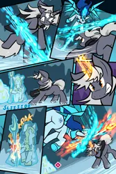 Size: 1567x2351 | Tagged: safe, artist:virmir, derpibooru import, oc, oc:snowmare doom, oc:virmare, unicorn, comic:so you've become a pony villain, castle, comic, fake alicorn, fake wings, fight, fire, fire magic, floppy ears, flying, frozen, glow, glowing horn, gritted teeth, horn, ice, ice magic, ice sword, image, magic, onomatopoeia, png, royal guard, shrunken pupils, sliding, sound effects, sparkles, spear, sword, teeth, telekinesis, weapon, wide eyes