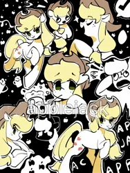 Size: 1620x2160 | Tagged: safe, artist:lendftcn, derpibooru import, applejack, earth pony, pony, apple, black background, check mark, cider, cider mug, eyebrows, eyebrows visible through hair, eyes closed, female, food, hoof on chest, image, jpeg, limited palette, looking at you, mare, mug, name, open mouth, open smile, simple background, smiling, solo, straw in mouth
