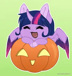 Size: 1428x1500 | Tagged: safe, artist:volodyanocturne, derpibooru import, twilight sparkle, twilight sparkle (alicorn), alicorn, pony, commission, cute, eyes closed, female, gradient background, halloween, holiday, image, jack-o-lantern, mare, open mouth, open smile, outline, png, pumpkin, signature, smiling, solo, twiabetes, white outline, ych result