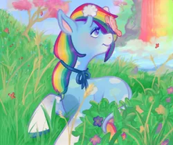 Size: 1250x1050 | Tagged: safe, artist:funky_furs, derpibooru import, oc, unofficial characters only, butterfly, insect, pony, butterfly on nose, female, flower, gift art, grass, image, insect on nose, jpeg, leonine tail, lidded eyes, looking at something, lying down, mare, outdoors, prone, rainbow waterfall, ribbon, signature, solo focus, tail, tree, water, waterfall