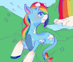 Size: 1250x1050 | Tagged: safe, artist:funky_furs, derpibooru import, oc, unofficial characters only, butterfly, insect, pony, female, flower, gift art, grass, image, jpeg, leonine tail, lidded eyes, lying down, mare, outdoors, prone, rainbow waterfall, signature, sketch, solo focus, tail, water, waterfall