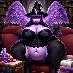 Size: 1024x1024 | Tagged: suggestive, derpibooru import, machine learning generated, stable diffusion, twilight sparkle, twilight sparkle (alicorn), alicorn, anthro, ai content, bbw, belly, belly button, big belly, big breasts, breasts, busty twilight sparkle, candy, choker, cleavage, clothes, corset, fat, female, food, halloween, hat, holiday, huge breasts, image, obese, png, prompter:professordoctorc, socks, solo, solo female, ssbbw, stockings, thigh highs, thighs, thunder thighs, twilard sparkle, witch hat