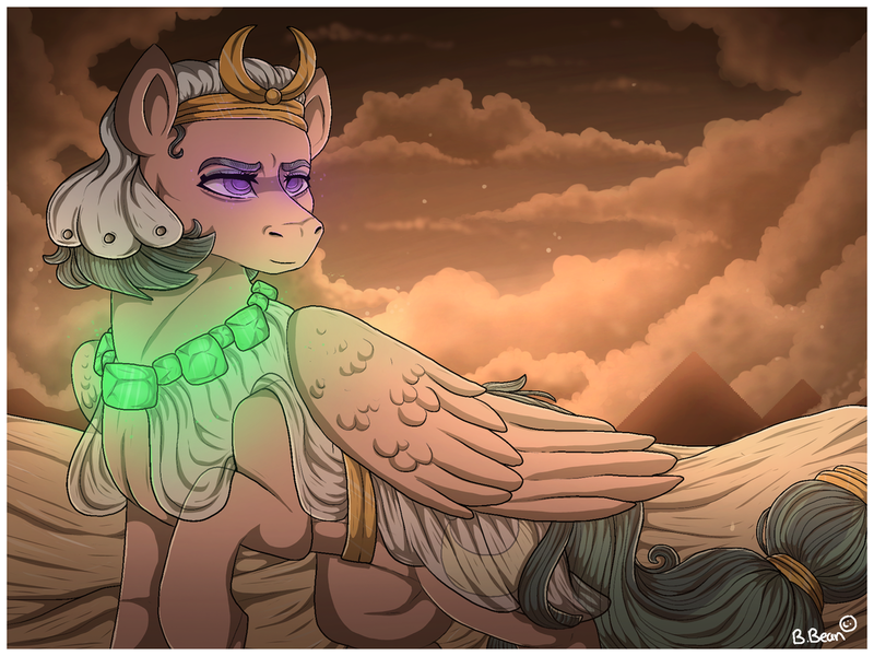 Size: 1280x960 | Tagged: safe, artist:binibean, derpibooru import, somnambula, pegasus, pony, female, glow, glowing eyes, image, jewelry, mare, necklace, png, signature, solo, turned head