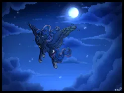 Size: 1280x960 | Tagged: safe, artist:binibean, derpibooru import, princess luna, alicorn, pony, cloud, female, flying, full moon, image, mare, moon, night, png, solo