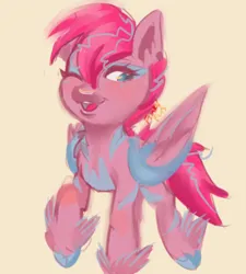 Size: 1800x2000 | Tagged: safe, artist:funky_furs, derpibooru import, zipp storm, pegasus, pony, g5, my little pony: a new generation, alternate design, concept art, image, jpeg, one eye closed, open mouth, open smile, raised hoof, signature, simple background, smiling, solo, tail, tan background, wings, wink