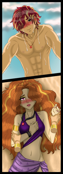 Size: 1745x4814 | Tagged: safe, artist:daazzlin, derpibooru import, adagio dazzle, sunset shimmer, equestria girls, equestria girls series, abs, adagiglare, beach, blushing, bracelet, clothes, equestria guys, female, half r63 shipping, image, jewelry, lesbian, male, necklace, png, rule 63, shipping, straight, sunsagio, sunset glare