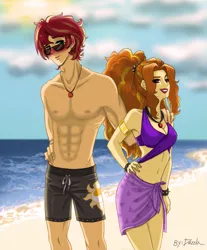 Size: 1745x2106 | Tagged: safe, artist:daazzlin, derpibooru import, adagio dazzle, sunset shimmer, equestria girls, equestria girls series, abs, adagiglare, beach, blushing, bracelet, clothes, equestria guys, female, half r63 shipping, image, jewelry, lesbian, male, necklace, png, rule 63, shipping, straight, sunsagio, sunset glare