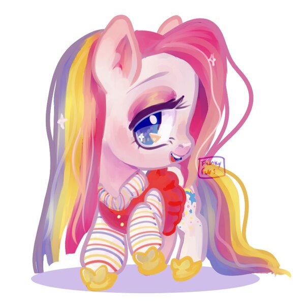 Size: 1000x1000 | Tagged: safe, artist:funky_furs, derpibooru import, baby starbow, earth pony, pony, g1, clothes, female, filly, foal, hoof shoes, image, jpeg, lidded eyes, looking at you, open mouth, open smile, raised hoof, signature, simple background, smiling, solo, tail, white background