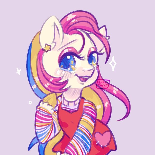 Size: 1000x1000 | Tagged: safe, artist:funky_furs, derpibooru import, baby starbow, earth pony, pony, semi-anthro, g1, clothes, dress, female, filly, foal, image, jpeg, looking at you, open mouth, open smile, signature, simple background, smiling, solo, sparkles, unshorn fetlocks