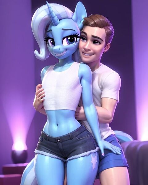 Size: 512x640 | Tagged: questionable, derpibooru import, machine learning generated, trixie, anthro, human, ai content, bedroom, breasts, delicious flat chest, hug, hug from behind, human on anthro action, image, interspecies, jpeg, ryan gosling, wide hips