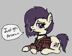 Size: 264x204 | Tagged: safe, artist:legendoflink, derpibooru import, oc, oc:axle grind, unofficial characters only, earth pony, pony, aggie.io, clothes, ear piercing, female, flannel, image, looking at you, lowres, mare, piercing, png, sad, shirt, smoking, solo