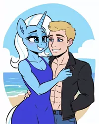 Size: 512x640 | Tagged: safe, derpibooru import, machine learning generated, trixie, anthro, human, ai content, beach, breasts, clothes, delicious flat chest, dress, human on anthro action, image, interspecies, jacket, jpeg, muscles, ryan gosling