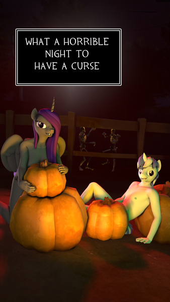 Size: 2160x3840 | Tagged: questionable, artist:scratch_wub, derpibooru import, oc, oc:etheria galaxia, oc:scratch wub, unofficial characters only, alicorn, anthro, unicorn, 3d, bone, covering, fangs, female, halloween, holiday, image, looking at you, male, nudity, outdoors, pinup, png, pumpkin, skeleton, source filmmaker