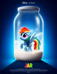 Size: 812x1056 | Tagged: suggestive, derpibooru import, machine learning generated, rainbow dash, pegasus, pony, ai content, cloud, cum jar, disney, image, jar, jpeg, meme, milk, movie poster, pixar, solo