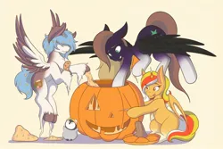 Size: 2048x1366 | Tagged: safe, artist:mscolorsplash, derpibooru import, oc, unofficial characters only, alicorn, bat pony, bat pony alicorn, bird, pegasus, penguin, pony, bat wings, candy in mane, coat markings, commission, female, hair over eyes, halloween, holiday, horn, image, jack-o-lantern, jpeg, male, mare, pumpkin, pumpkin carving, simple background, socks (coat marking), stallion, wings, yellow background