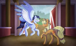 Size: 3896x2391 | Tagged: safe, artist:artistcoolpony, derpibooru import, applejack, soarin', earth pony, pegasus, pony, barn, blushing, commission, duo, duo male and female, female, image, looking at each other, looking at someone, male, mare, neckerchief, png, shipping, soarinjack, spread wings, stallion, straight, wings