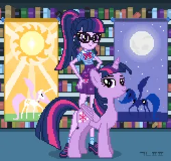 Size: 850x800 | Tagged: safe, artist:gonicfanfic, derpibooru import, princess celestia, princess luna, sci-twi, twilight sparkle, twilight sparkle (alicorn), alicorn, human, pony, equestria girls, banner, book, duo, female, hand on hip, human ponidox, image, library, looking at you, mare, pixel art, png, self paradox, self ponidox, smiling, smiling at you, twolight