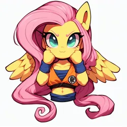 Size: 1024x1024 | Tagged: safe, derpibooru import, machine learning generated, fluttershy, anthro, pony, ai content, belly button, clothes, cosplay, costume, dragon ball, female, image, jpeg, looking at you, mare, midriff, prompter:chadwoo0720, simple background, smiling, smiling at you, son goku, white background