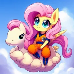Size: 1024x1024 | Tagged: safe, derpibooru import, machine learning generated, fluttershy, anthro, pegasus, pony, ai content, clothes, cosplay, costume, cute, dragon ball, female, image, jpeg, kinto'un, mare, prompter:chadwoo0720, shyabetes, sitting, smiling, solo, son goku
