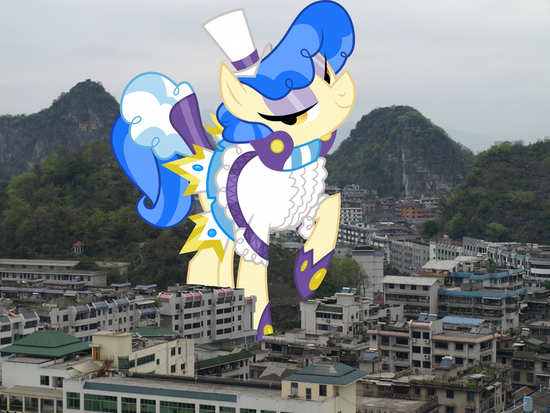 Size: 2048x1536 | Tagged: safe, artist:dashiesparkle edit, derpibooru import, edit, editor:jaredking779, sapphire shores, earth pony, pony, china, clothes, eyeshadow, female, giant pony, giantess, guilin, hat, highrise ponies, image, irl, jpeg, lidded eyes, looking at you, macro, makeup, mare, photo, ponies in real life, raised hoof, smiling, solo, story included