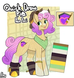 Size: 7687x8155 | Tagged: safe, artist:suchalmy, derpibooru import, oc, oc:quickdraw, ponified, food pony, original species, pony, :p, boots, chest fluff, churros, clothes, coat markings, commissioner:dhs, cutie mark, food, freckles, hoof ring, ice cream, image, png, reference sheet, scarf, shoes, simple background, socks (coat marking), spurs, standing, tongue out, yellow coat
