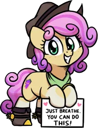 Size: 461x601 | Tagged: safe, artist:sugar morning, derpibooru import, oc, oc:quickdraw, boots, clothes, coat markings, commissioner:dhs, cowboy hat, curly hair, cute, freckles, hat, heart, image, looking at you, png, purple mane, scarf, shoes, sign, simple background, smiling, socks (coat marking), solo, spurs, standing on two hooves, transparent background, yellow coat