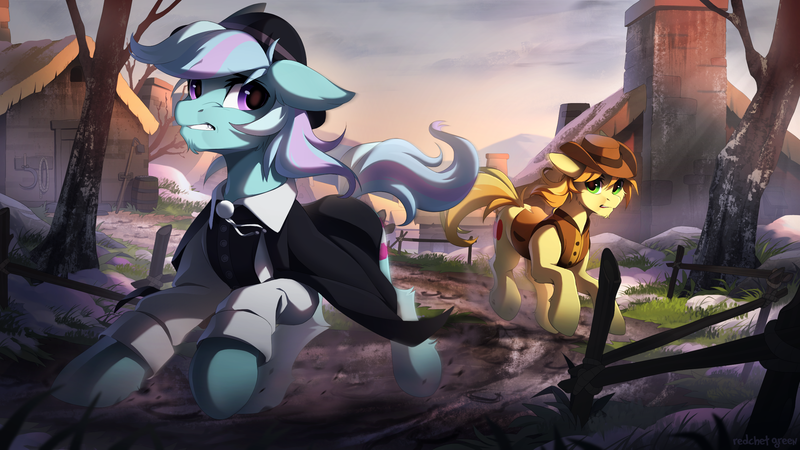 Size: 2500x1406 | Tagged: safe, artist:redchetgreen, derpibooru import, braeburn, oc, earth pony, pony, building, clothes, cowboy hat, earth pony oc, fence, hat, image, male, png, running, stallion, tree