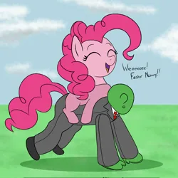 Size: 2048x2048 | Tagged: safe, artist:legendoflink, derpibooru import, pinkie pie, oc, oc:anon, earth pony, human, pony, clothes, costume, cute, diapinkes, eyes closed, female, image, jpeg, mare, open mouth, open smile, pinktober, ponies riding humans, riding, smiling, solo