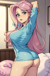 Size: 512x768 | Tagged: suggestive, derpibooru import, machine learning generated, fluttershy, human, ai content, ass, bedroom, breasts, busty fluttershy, butt, clothes, generator:yodayo, humanized, image, jpeg, looking at you, looking back, pink hair, tight clothing, tight fit