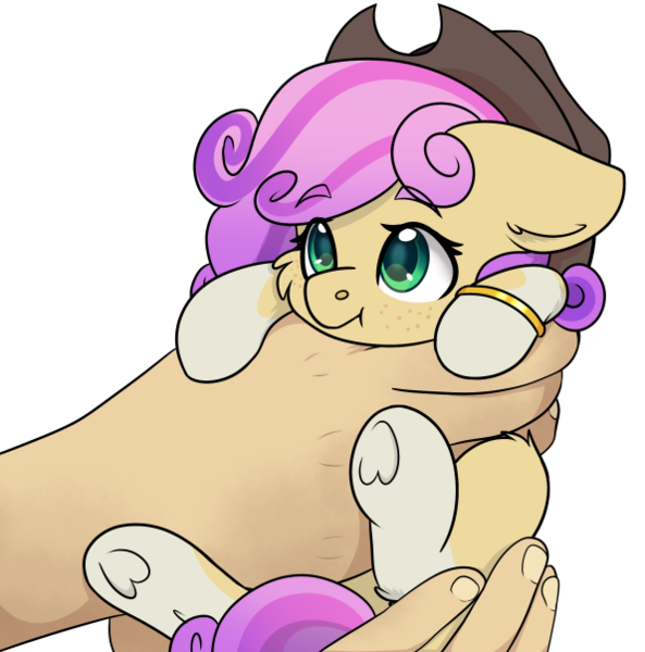 Size: 596x603 | Tagged: safe, artist:rokosmith26, derpibooru import, oc, oc:quickdraw, earth pony, pony, coat markings, commissioner:dhs, cowboy hat, curly hair, cute, fluffy, freckles, hand, hat, holding a pony, hoof ring, image, in goliath's palm, looking up, png, purple hair, simple background, size difference, small pony, smiling, socks (coat marking), transparent background, yellow coat