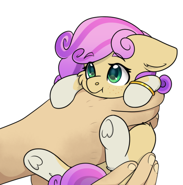 Size: 596x603 | Tagged: safe, artist:rokosmith26, derpibooru import, oc, oc:quickdraw, earth pony, pony, coat markings, commissioner:dhs, curly hair, cute, fluffy, freckles, hand, holding a pony, hoof ring, image, in goliath's palm, looking up, png, purple hair, simple background, size difference, small pony, smiling, socks (coat marking), transparent background, yellow coat