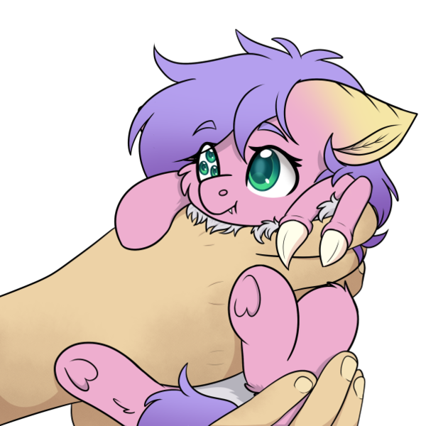 Size: 596x603 | Tagged: safe, artist:rokosmith26, derpibooru import, oc, oc:phalena rosa, changeling, pony, claws, commissioner:dhs, curly hair, cute, fluffy, hand, holding a pony, image, in goliath's palm, looking up, pink coat, png, purple hair, simple background, size difference, small pony, smiling, strange pupils, transparent background