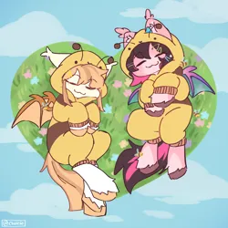 Size: 1800x1800 | Tagged: safe, artist:cuiicie, derpibooru import, oc, oc:honey milk, oc:key mash, bat pony, pony, bat pony oc, bat wings, clothes, cloud, duo, duo female, eyes closed, female, flower, grass, grass field, image, lying down, onesie, png, sleeping, unshorn fetlocks, wings