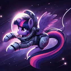 Size: 1024x1024 | Tagged: safe, derpibooru import, machine learning generated, twilight sparkle, twilight sparkle (alicorn), alicorn, pony, ai content, astronaut, female, generator:bing image creator, image, jpeg, mare, solo, space, space helmet, spacesuit, spread wings, tail, wings